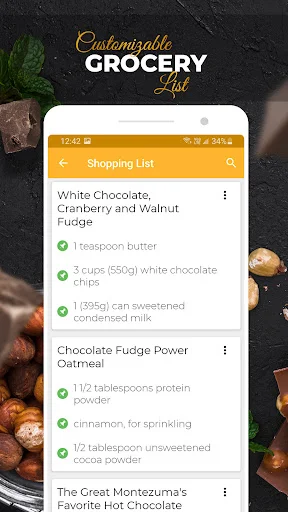 Customizable grocery shopping list showing ingredients organized by recipe: White Chocolate Fudge and Hot Chocolate items