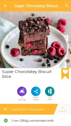 Super Chocolatey Biscuit Slice recipe detail with image, servings indicator, share button, and ingredients required section
