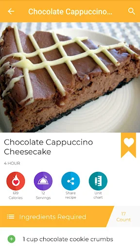 Chocolate Cappuccino Cheesecake recipe showing prep time, calories, servings, share option, and first ingredient listed