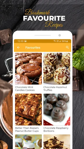 Favorites screen displaying bookmarked chocolate recipes including mint cookies, hazelnut truffles, and peanut butter cups
