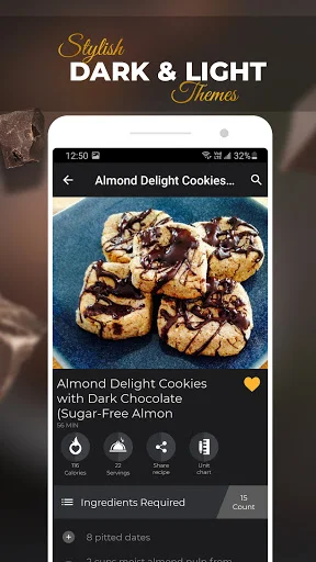 Almond Delight Cookies recipe in dark theme showing sugar-free chocolate cookies with ingredients and cooking details