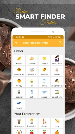 Smart Recipe Finder with ingredient filters including chocolate, cookies, cream, and user preference options for easy search