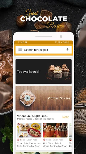 Chocolate Recipes app home screen with search bar, Today's Special cupcakes feature, Kitchen Stories section, and popular recipe video thumbnails