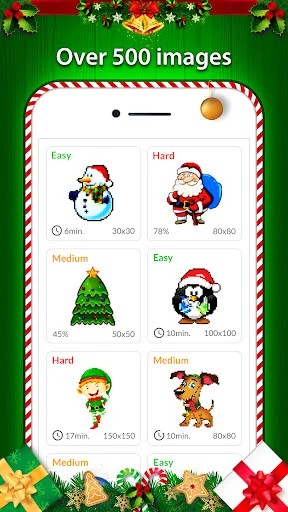 Over 500 Christmas pixel art coloring images in Easy, Medium, Hard difficulty with snowman, Santa, tree, penguin, elf, reindeer