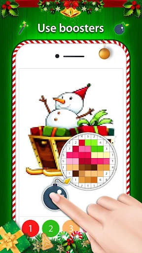 Christmas snowman and presents color-by-number with colored grid boosters for pixel art coloring gameplay