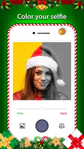Color your selfie photo feature with woman in Santa hat, Easy/Hard difficulty, and tools for gallery, color, settings