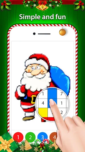 Santa Claus pixel art color by number game with numbered color wheel selector for interactive Christmas coloring gameplay