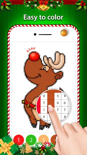 Reindeer pixel art color by number coloring page with numbered color guide for easy Christmas holiday coloring