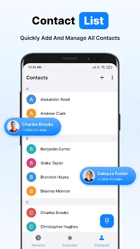 Contacts Phone Calls Dialer app contact list screen showing alphabetical contacts with profile icons and call buttons