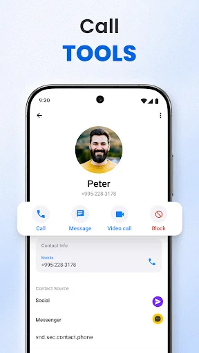 Phone dialer active call screen showing contact name, phone number, call status, and control buttons for call management