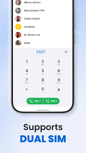 Dual SIM support feature displaying dial interface with numeric keypad and separate SIM 1 and SIM 2 selection buttons