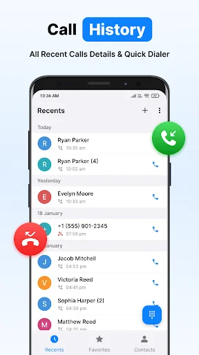 Phone call history screen in Contacts Dialer app displaying recent calls with dates, times and quick redial options
