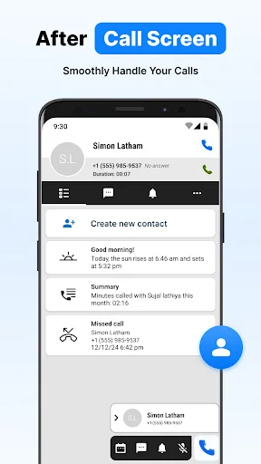 After call screen in phone dialer app showing Simon Latham contact with call summary and create new contact option