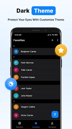 Dark theme interface of Contacts app showing favorites list with starred contacts and customizable eye-friendly design