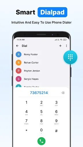 Smart dialpad screen with number keypad, recent contacts list and intuitive phone dialer interface for easy calling