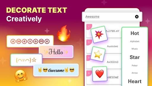 Cool Symbols app main screen showing text decoration options with fire emoji, Hello text samples, and symbol categories