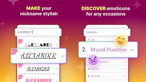 Stylish nickname generator showing ALEXANDER in different fancy fonts with emoticon discovery panel for personalization