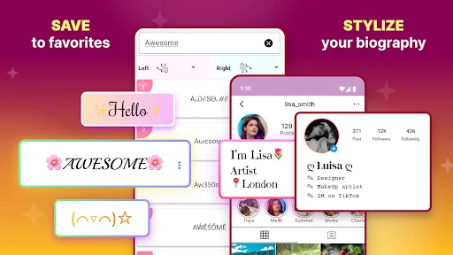 Save favorites feature with Hello text styles and social biography customization showing Instagram profile integration