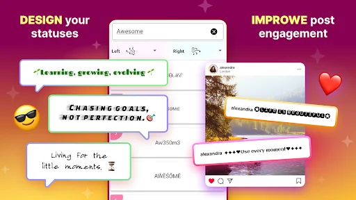 Status design tools with motivational quotes and Instagram post enhancement features for improved social engagement