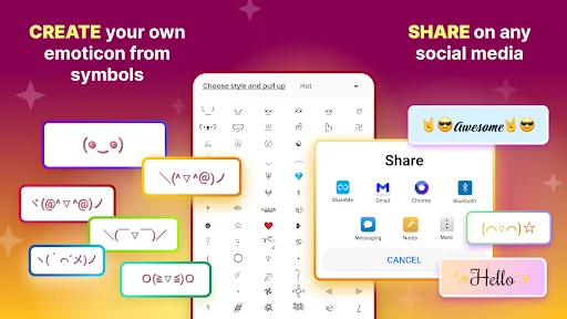 Create custom emoticons interface with symbol picker and social media sharing options for personalized text art