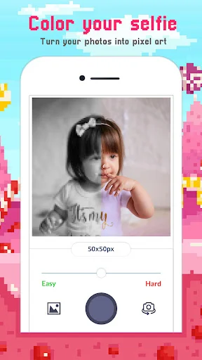 Selfie-to-pixel art converter displaying photo transformation with 50x50 pixel resolution and difficulty options