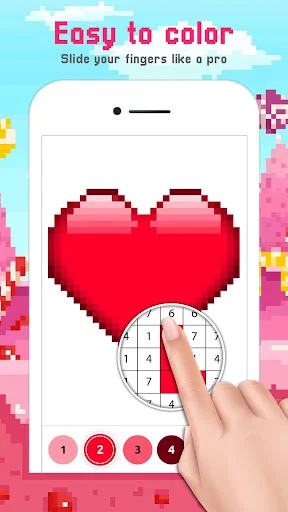 Red pixel heart artwork with numbered color sections and simplified 4-color palette, demonstrating easy tapping controls for filling in colors while coloring by numbers