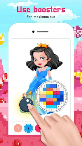 Pixel art girl character with color wheel booster feature showing multiple colors and a special power-up icon to enhance and speed up the painting experience