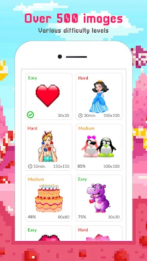 Cute Pixel Art gallery with 500+ kawaii designs showing easy, medium, hard difficulty levels, pixel sizes, and completion times
