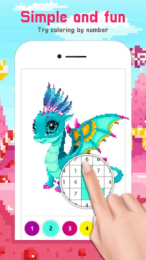 Interactive color-by-number dragon pixel art with numbered grid squares and colorful paint buttons for coloring gameplay