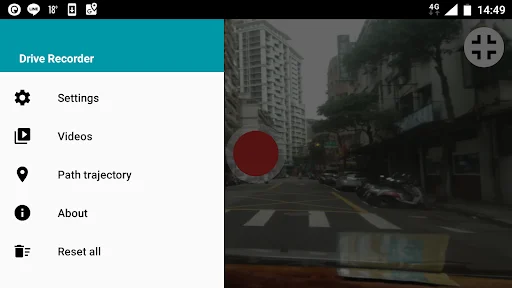 Drive Recorder app navigation menu showing settings, videos, path trajectory and reset options with camera view