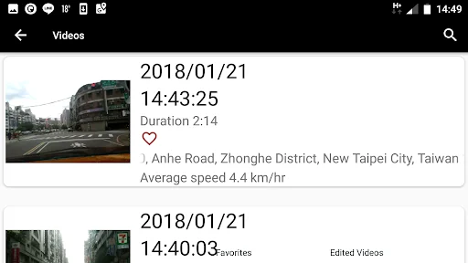 Video library in Drive Recorder showing saved dash cam recordings with timestamps, location and speed data