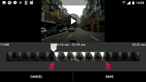 Video editing interface in Drive Recorder app with timeline controls and save/cancel options for dash cam footage