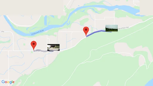 Google Maps view showing Drive Recorder path trajectory with red location markers and thumbnail previews