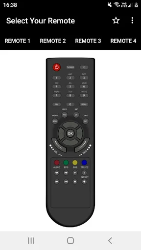DVB Remote Control app Remote 2 interface displaying black remote with power, number buttons, directional pad, and colored control buttons