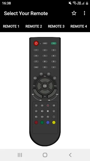 DVB Remote Control app Remote 3 view showing compact black remote with numbered keypad, navigation arrows, and colored function buttons