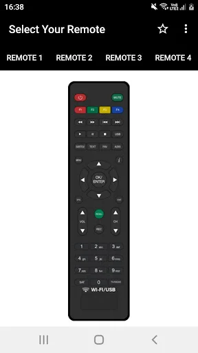 DVB Remote Control app Remote 4 displaying modern black remote with colored top buttons, directional pad, and numbered keypad layout