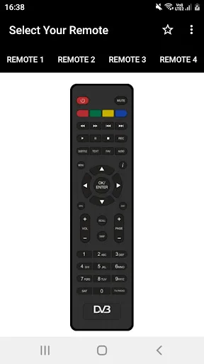 DVB Remote Control app Remote 4 showing sleek black DVB remote with navigation controls, number pad, and colored function buttons
