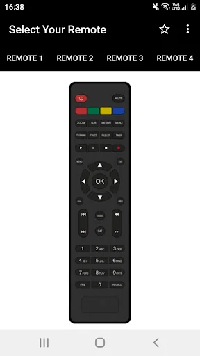DVB Remote Control app Remote 4 interface featuring black remote with OK button, directional controls, and standard DVB number pad