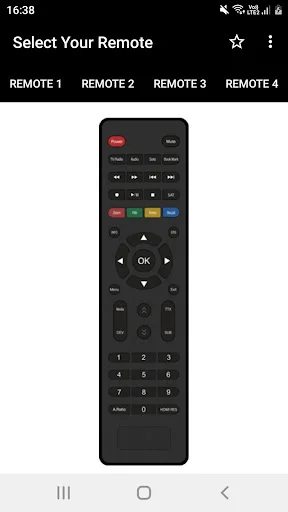 DVB Remote Control app Remote 4 displaying black remote control with colored buttons, navigation pad, and complete number keypad