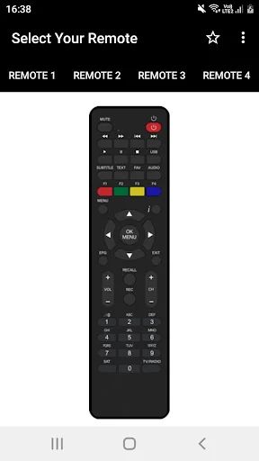DVB Remote Control app Remote 4 showing black DVB remote with power button, colored controls, directional pad, and number buttons