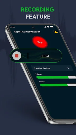 Ear Spy app recording feature with stop button, timer at 31:03, and volume equalizer sliders for sound amplification