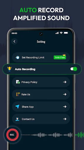 Auto record amplified sound settings page with enabled Auto Recording toggle switch, Set Recording Limit feature, and menu options for Privacy Policy, Rate Us, Share App, and Contact Us