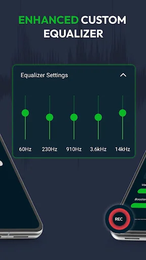 Enhanced custom equalizer interface with 5-band frequency controls (60Hz-14kHz) and recording button for audio tuning