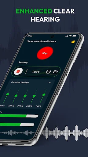 Clear hearing amplification screen showing stop button, recording timer, equalizer controls, and audio waveform display