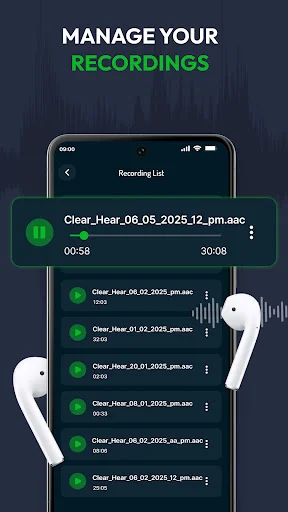 Recording list management screen displaying saved audio files with playback controls, duration, and delete options