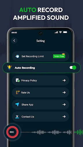 Auto record settings menu with recording limit toggle, privacy policy, rate us, share app, and contact options