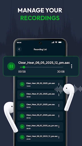 Manage your recordings list view showing multiple saved audio files with duration timestamps, individual file times, playback indicators, and wireless earbuds accessory
