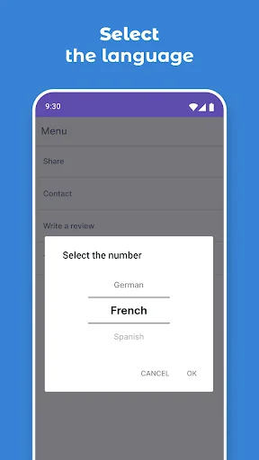 Multi-language translation settings showing German, French, Spanish options for English reading and vocabulary building app