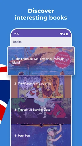 Books library screen in English Reading app displaying classic titles: The Famous Five, Wizard of Oz, Through Looking Glass, Peter Pan