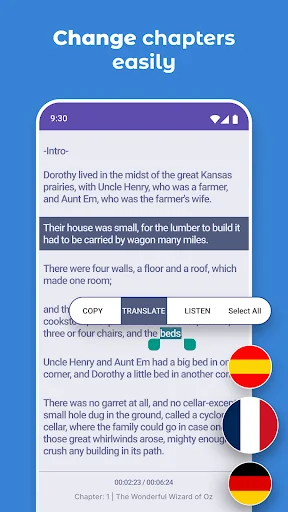 Chapter navigation screen with translation features showing Wizard of Oz text, language flags, and reading comprehension tools